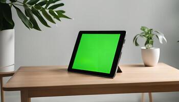 Tablet with Green Screen on a Table photo