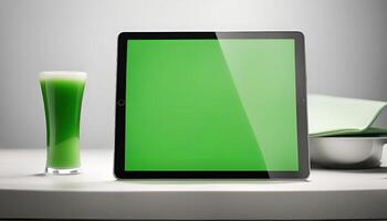 Green Smoothie and Tablet on Table photo