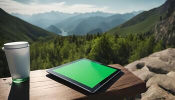 Tablet on wooden surface in a mountain view setting photo