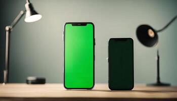 Two Smartphones on a Desk with Green Screen photo
