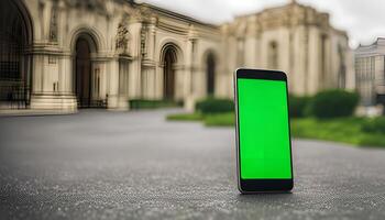Smartphone on Pavement in Front of a Building photo