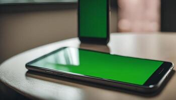 Smartphone with Green Screen on a Table photo