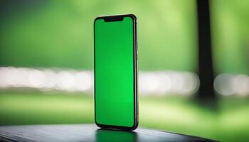 Smartphone with a Green Screen Display on a Wooden Surface photo