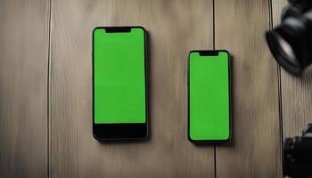 Two Smartphones with Green Screens on a Wooden Background photo