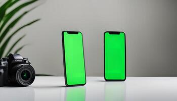 Two Smartphones with Green Screen and a Camera on a Table photo