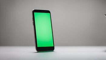 Smartphone with Green Screen on Table photo