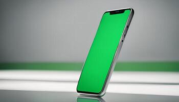 Modern Smartphone with Green Screen Display on a White Table photo