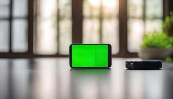 Smartphone and Controller on a Table with a Green Screen Display photo