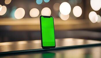 Smartphone on a Table with Green Screen photo