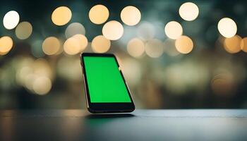 Smartphone with Green Screen on Table with Bokeh Lights photo