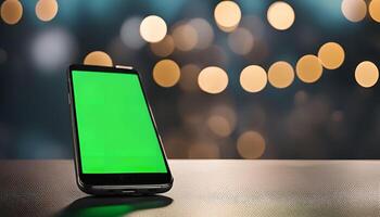 Smartphone with Green Screen on a Table photo