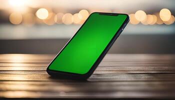 Smartphone on Wooden Table with Green Screen photo