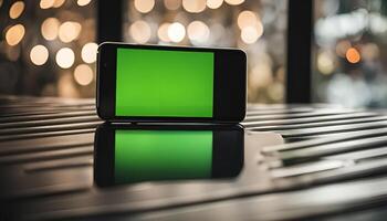 Smartphone with Green Screen on a Table with a Blurred Background photo