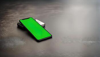 Smartphone with Green Screen on a Grey Surface photo