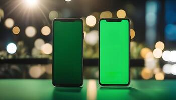 Two Smartphones with Green Screens on a Green Surface with a Bokeh Background photo