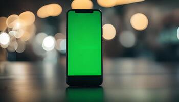 Smartphone with Green Screen in a Blurred Background photo