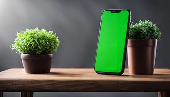 Smartphone with Green Screen and Plants on Wooden Table photo