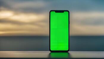 Smartphone with Green Screen in Front of a Blurred Background photo