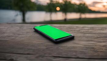 Smartphone on a Wooden Table with Blurred Background photo