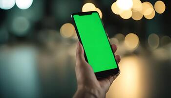 Close-up of a Hand Holding a Smartphone with a Green Screen in a Bokeh Background. photo