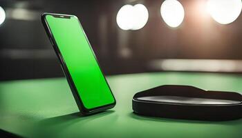 Green Screen Smartphone and Black Case on a Green Surface photo