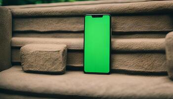 Smartphone with Green Screen on Brown Steps photo