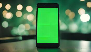Smartphone with Green Screen on a Table with Blurred Lights in the Background photo