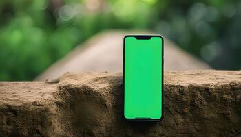 Smartphone on a Stone Surface with Green Background photo