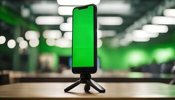 Smartphone with Green Screen on Tripod in a Blurred Studio Background photo