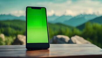 Smartphone on a Wooden Table With Mountain View photo