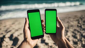 Two Smartphones with Green Screens on a Beach photo