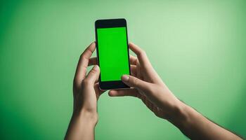 Hands holding a smartphone with a green screen, isolated on green background photo