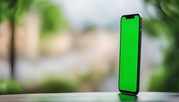 Green Screen Smartphone on a Table with Blurred Background photo