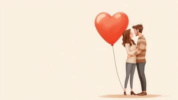 A couple embraces tenderly, gazing into each other's eyes while holding a heart-shaped balloon. The warm atmosphere and simple background enhance their sweet interaction. photo