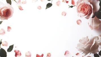 Soft pink rose petals frame a blank space, creating an elegant backdrop perfect for romantic events or floral designs. The delicate flowers add a touch of beauty and charm to any setting. photo
