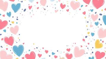 A vibrant and cheerful arrangement of hearts in various colors surrounds a blank center area, perfect for greeting cards or invitations. This design adds a festive and loving touch to any event. photo