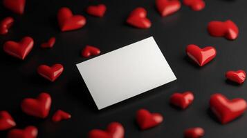 A blank card is centered among numerous shiny red hearts scattered on a dark surface. The vibrant colors create a romantic atmosphere, ideal for expressing love or affection. photo