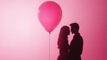 A couple stands closely together, silhouetted against a soft pink background, with a large pink balloon floating nearby. Their intimate moment captures love and celebration. photo