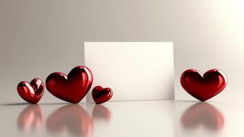 Four red heart shapes of varying sizes surround a blank card on a smooth reflective surface. This setup creates a warm and inviting atmosphere suitable for celebrations or heartfelt messages. photo