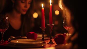Two women enjoy a romantic dinner by candlelight, surrounded by heart-shaped decorations. The warm glow of candles creates an intimate atmosphere, ideal for conversations and connection. photo