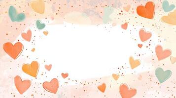 A collection of colorful hearts in shades of orange and green is arranged on a soft pastel background. This design evokes feelings of love and warmth, perfect for festive occasions. photo