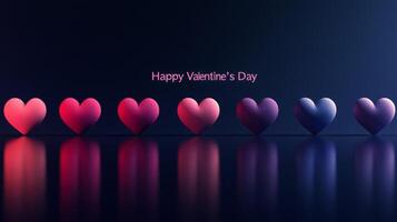Seven heart shapes in various shades of pink and blue are arranged in a straight line against a dark background, reflecting light beautifully while conveying a warm Valentine's Day message. photo