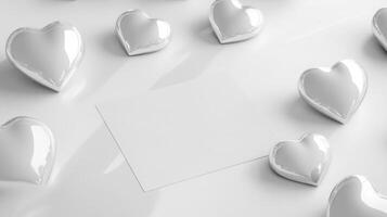 A variety of glossy white hearts are arranged around a blank card set on a bright, smooth surface. The design creates a romantic and elegant atmosphere suitable for special occasions or celebrations. photo