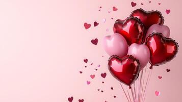 A cluster of red and pink heart-shaped balloons floats gently against a soft pink background, with smaller heart confetti scattered around. photo
