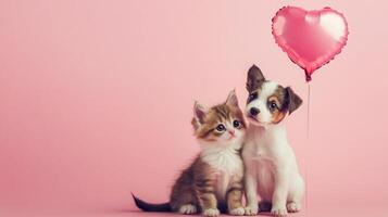 A small kitten and a puppy sit close together, gazing at each other adorably. The kitten has a fluffy coat with orange and white patches, while the puppy is white with brown spots. photo