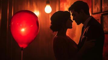 A couple embraces in a dimly lit space, captured in a tender moment. The atmosphere is enhanced by warm lighting and a vibrant red balloon, creating a dreamy ambiance. photo