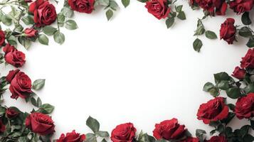 Red roses are beautifully arranged with green leaves surrounding an empty space. This layout creates a romantic and festive atmosphere, ideal for various events or special occasions. photo