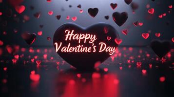 A vibrant display of hearts floats around a central heart, glowing with the message of love for Valentine's Day. The dark background enhances the festive atmosphere, inviting celebration. photo