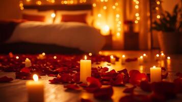Soft candlelight illuminates a bedroom adorned with scattered rose petals, creating an intimate and romantic vibe. String lights twinkle in the background, enhancing the warm ambiance. photo