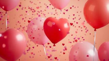 Colorful heart-shaped balloons float against a peach background, surrounded by vibrant confetti. This cheerful setup is perfect for romantic occasions such as Valentine's Day or anniversaries. photo